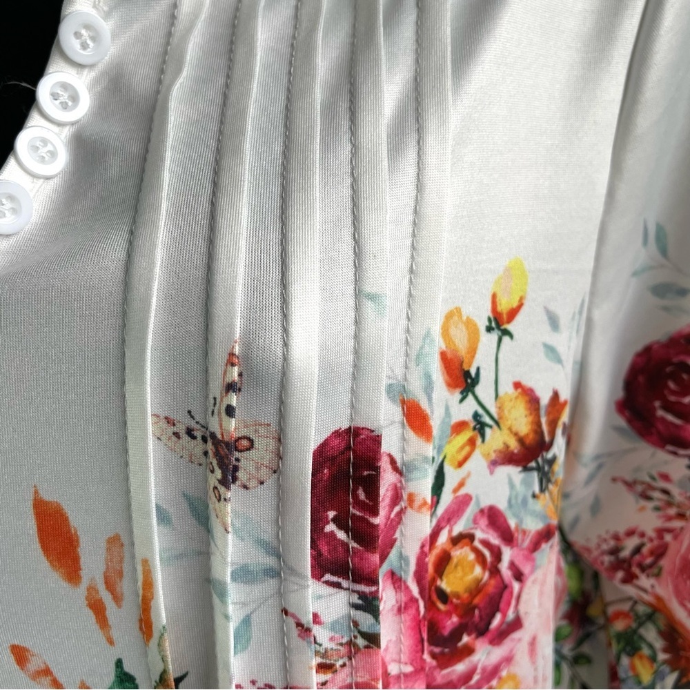 Beautiful SzL Blouse Floral Print White 3/4 Length Sleeve Round Neck Stretchy - Picture 5 of 13
